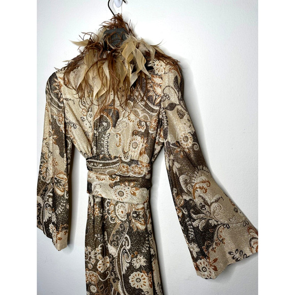 BILL BLASS Vintage Couture Metallic Gold Lurex Knit Dress Ostrich Feather XS - S - Picture 3 of 16